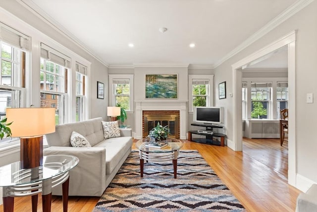 17-19 Newtonville Ave Unit 2, Newton, MA 02458 - living room with plenty of natural light, a fireplace, light wood-style floors, crown molding, and recessed lighting