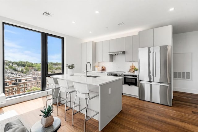 1515 Commonwealth Ave Unit 211, Boston, MA 02135 - kitchen with appliances with stainless steel finishes, a sink, under cabinet range hood, an island with sink, and dark wood-style floors