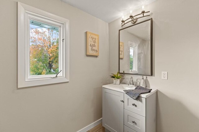 bathroom with plenty of natural light, vanity, and hardwood / wood-style floors