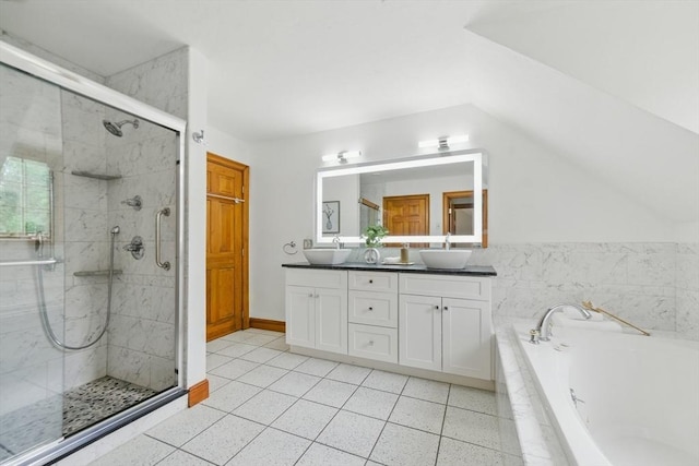 9 Buffalo Run, Southborough, MA 01772 - full bathroom with double vanity, a bath, a shower stall, and tile patterned floors