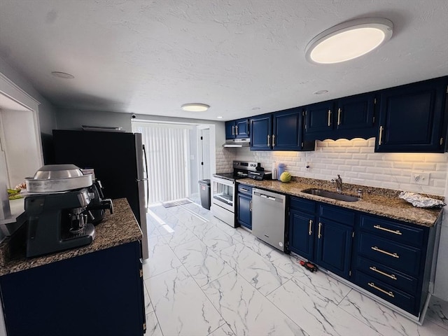 kitchen with a sink, blue cabinetry, marble finish floor, and stainless steel appliances