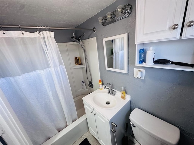 bathroom with shower / bath combo with shower curtain, a textured ceiling, toilet, and a textured wall