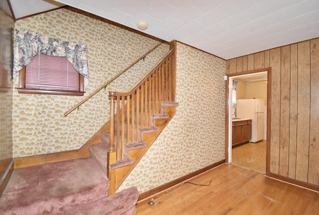 81 Osborne Ter, Springfield, MA 01104 - stairs with wood finished floors, wood walls, crown molding, and wallpapered walls