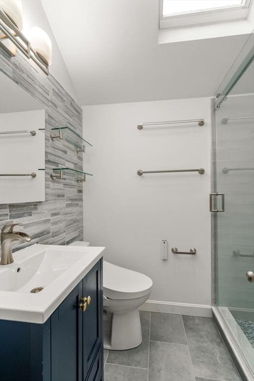 103 Randlett Park, Newton, MA 02465 - full bathroom featuring vanity, vaulted ceiling, a stall shower, tile walls, and tile patterned flooring