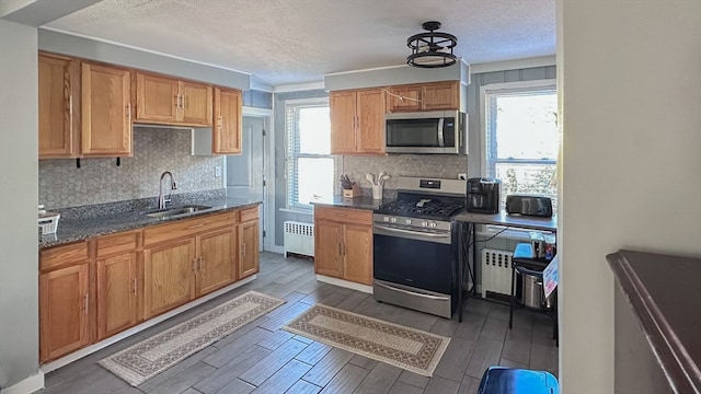 kitchen with sink, appliances with stainless steel finishes, dark wood-type flooring, and radiator heating unit