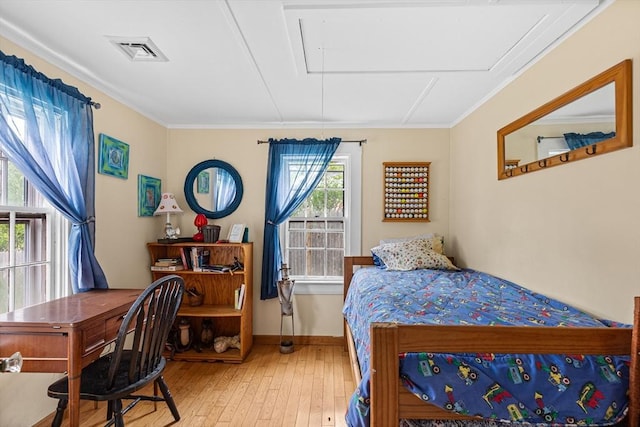 64 Bayside Dr, Falmouth, MA 02540 - bedroom with attic access, wood-type flooring, ornamental molding, and baseboards
