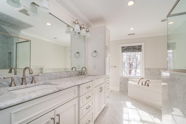 bathroom featuring vanity, ornamental molding, tile walls, and separate shower and tub