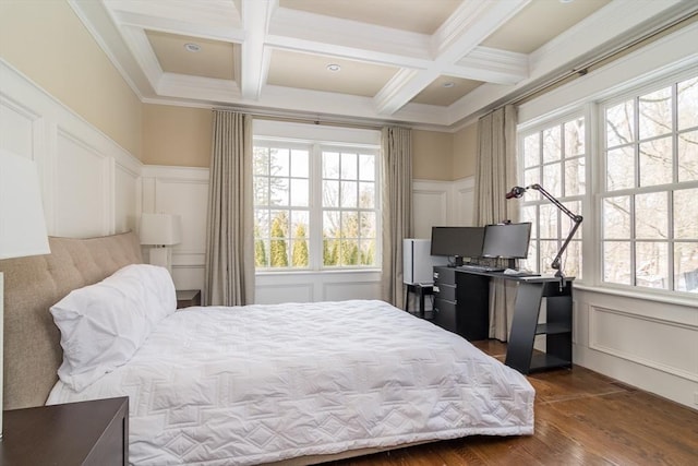 bedroom featuring beamed ceiling, coffered ceiling, dark hardwood / wood-style flooring, and multiple windows