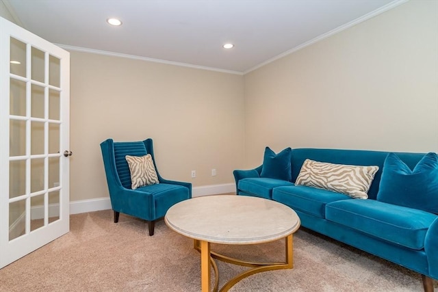 living room with crown molding and carpet flooring