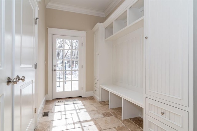 mudroom featuring ornamental molding