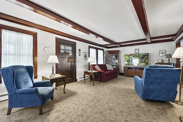 9 Aspinwall Ave, Weymouth, MA 02191 - carpeted living room featuring a baseboard heating unit and beam ceiling