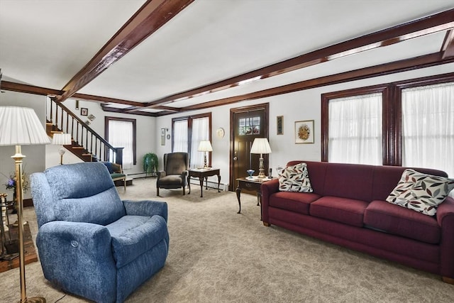 9 Aspinwall Ave, Weymouth, MA 02191 - carpeted living room featuring baseboard heating, beam ceiling, and stairway