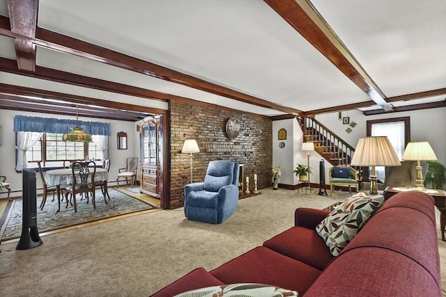 9 Aspinwall Ave, Weymouth, MA 02191 - living room featuring beamed ceiling, carpet, stairs, baseboards, and a baseboard radiator