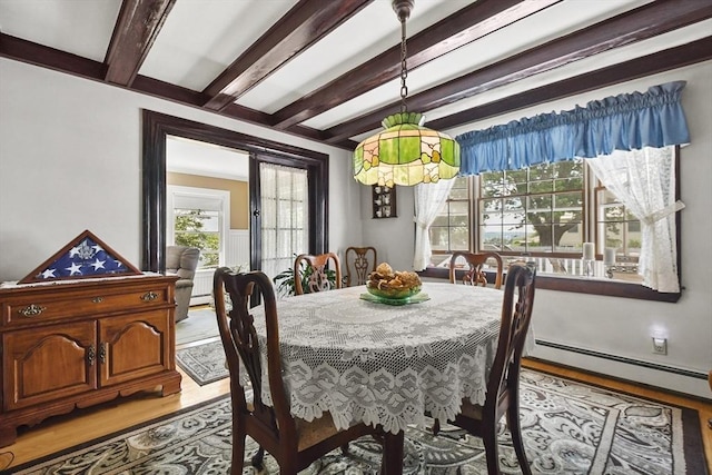 9 Aspinwall Ave, Weymouth, MA 02191 - dining space featuring light wood-type flooring, beamed ceiling, and baseboard heating