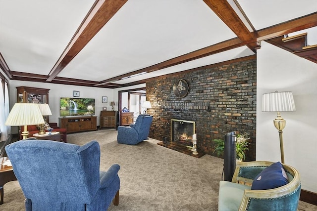 9 Aspinwall Ave, Weymouth, MA 02191 - carpeted living area featuring beam ceiling and a brick fireplace