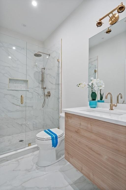 1 Marion St Unit 2, Cambridge, MA 02141 - full bath featuring a marble finish shower, toilet, vanity, marble finish floors, and recessed lighting