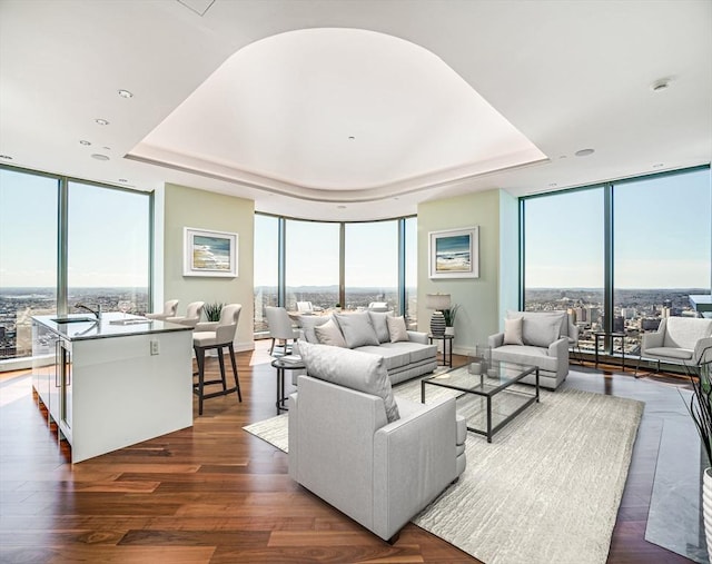 living room with a tray ceiling, dark wood-type flooring, a healthy amount of sunlight, and expansive windows