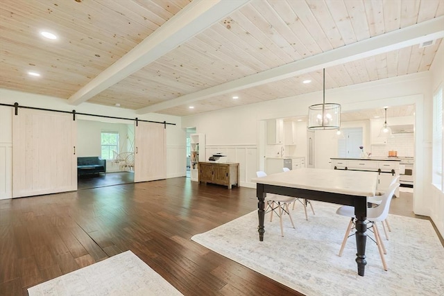 39 Chestnut St, Hopkinton, MA 01748 - office with a barn door, dark wood finished floors, wood ceiling with exposed beams, wainscoting, and a sink