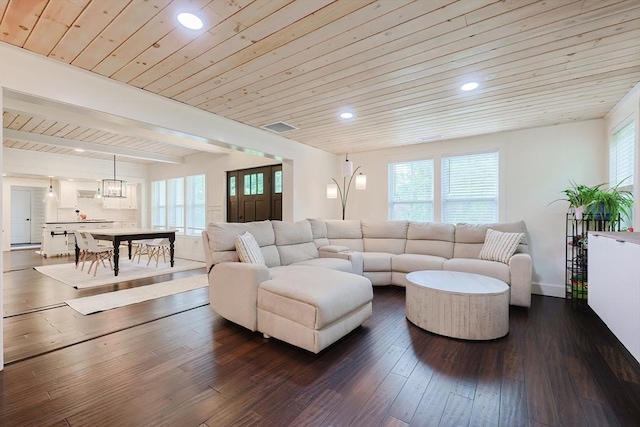 39 Chestnut St, Hopkinton, MA 01748 - living area featuring wood ceiling, dark wood-type flooring, and recessed lighting