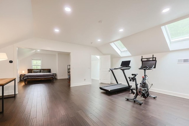 39 Chestnut St, Hopkinton, MA 01748 - workout area with a skylight, vaulted ceiling, dark wood-type flooring, recessed lighting, and baseboards