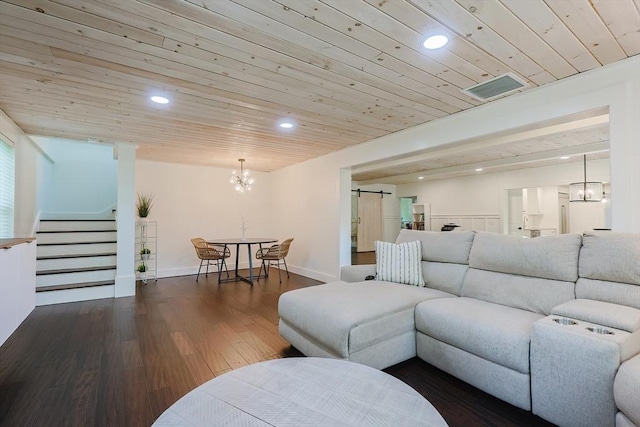 39 Chestnut St, Hopkinton, MA 01748 - living room with stairs, recessed lighting, wood finished floors, wooden ceiling, and a chandelier