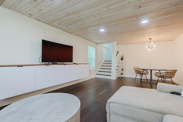 39 Chestnut St, Hopkinton, MA 01748 - living area with stairs, recessed lighting, wood ceiling, wood finished floors, and a chandelier