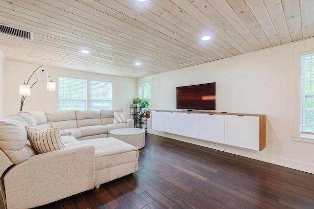 39 Chestnut St, Hopkinton, MA 01748 - living area with recessed lighting, wood ceiling, dark wood-type flooring, and baseboards
