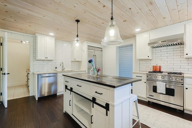 39 Chestnut St, Hopkinton, MA 01748 - kitchen with appliances with stainless steel finishes, wood ceiling, a sink, ventilation hood, and decorative backsplash