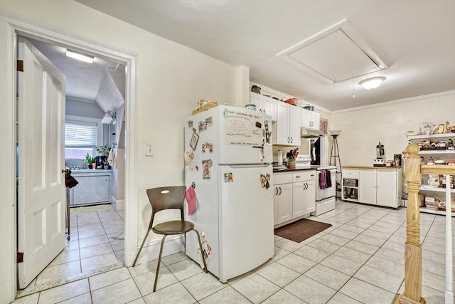 kitchen featuring white cabinetry, white appliances, ornamental molding, and light tile patterned floors