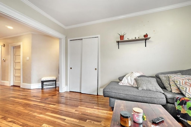 living room with crown molding and wood-type flooring