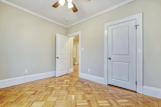 unfurnished bedroom with light parquet floors, ornamental molding, and ceiling fan