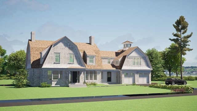 68 Black Horse Ln, Cohasset, MA 02025 - back of property with a chimney, a gambrel roof, and a lawn