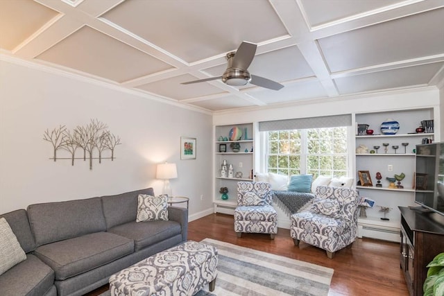 living room with a baseboard radiator, coffered ceiling, and dark hardwood / wood-style flooring