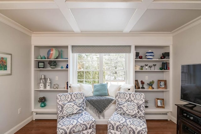 living area featuring coffered ceiling, a baseboard heating unit, and dark hardwood / wood-style flooring