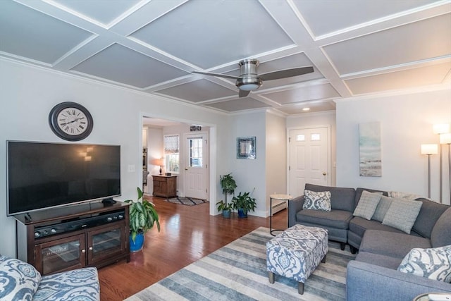 living room with dark wood-type flooring and coffered ceiling