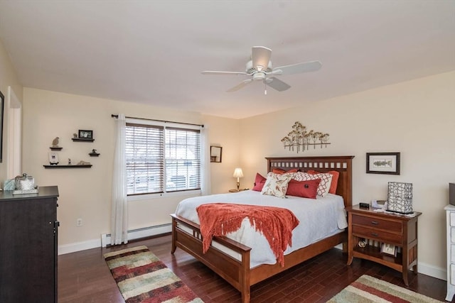 bedroom with ceiling fan, dark wood-type flooring, and a baseboard radiator