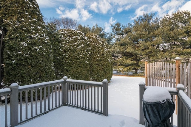 snow covered deck with grilling area