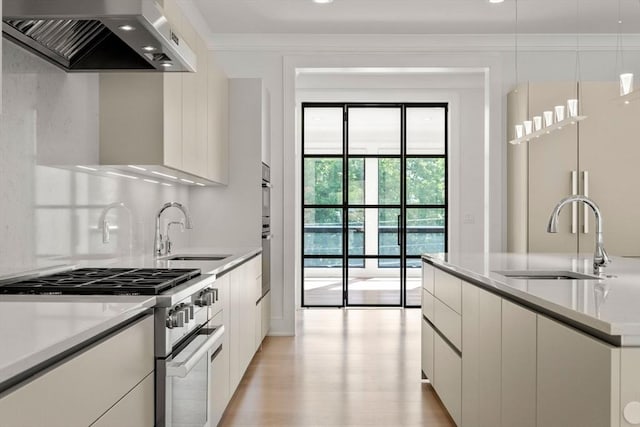 kitchen with wall chimney exhaust hood, modern cabinets, a sink, and stainless steel stove