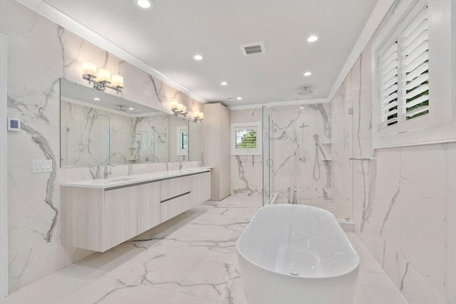 bathroom featuring stone wall, a marble finish shower, and marble finish floor