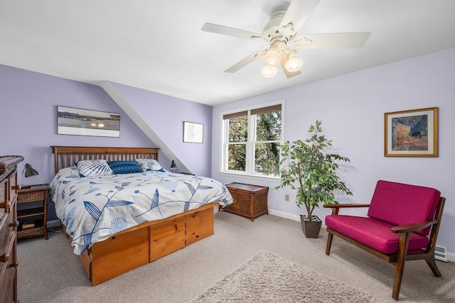 carpeted bedroom with baseboards and ceiling fan