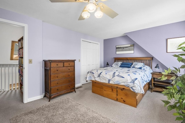 bedroom featuring baseboards, a closet, carpet floors, and ceiling fan