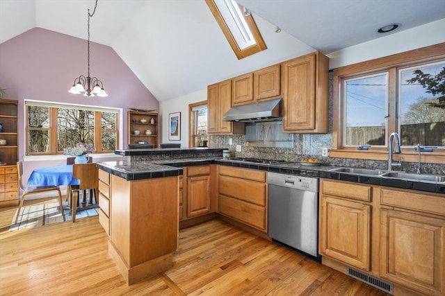 kitchen with visible vents, a sink, under cabinet range hood, appliances with stainless steel finishes, and a peninsula