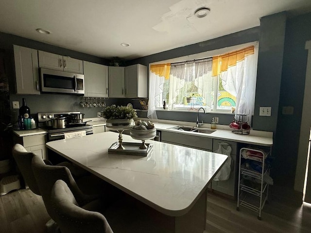 kitchen featuring wood finished floors, a kitchen island, light countertops, a sink, and appliances with stainless steel finishes