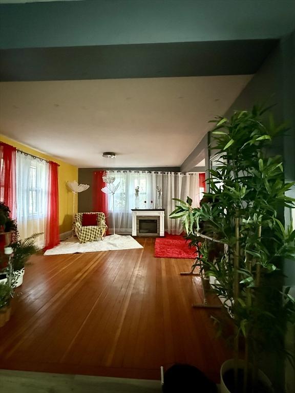 living area with wood-type flooring, a wealth of natural light, and a fireplace