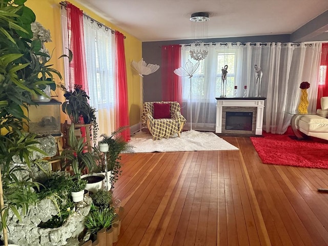 sitting room featuring wood-type flooring and a fireplace