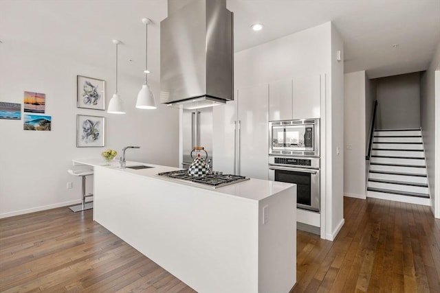 525 E 1st St Unit 5, Boston, MA 02127 - kitchen with appliances with stainless steel finishes, exhaust hood, a sink, dark wood-style floors, and light countertops
