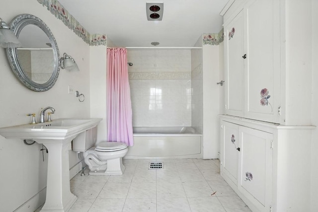 157 Washington St, Duxbury, MA 02332 - bathroom featuring visible vents, toilet, shower / tub combo, and tile patterned floors