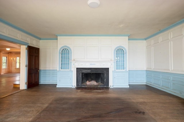 40 Prince St, Beverly, MA 01915 - unfurnished living room featuring a decorative wall, dark wood-type flooring, and a high end fireplace