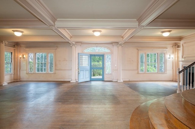 40 Prince St, Beverly, MA 01915 - foyer featuring crown molding, coffered ceiling, stairway, beamed ceiling, and healthy amount of natural light