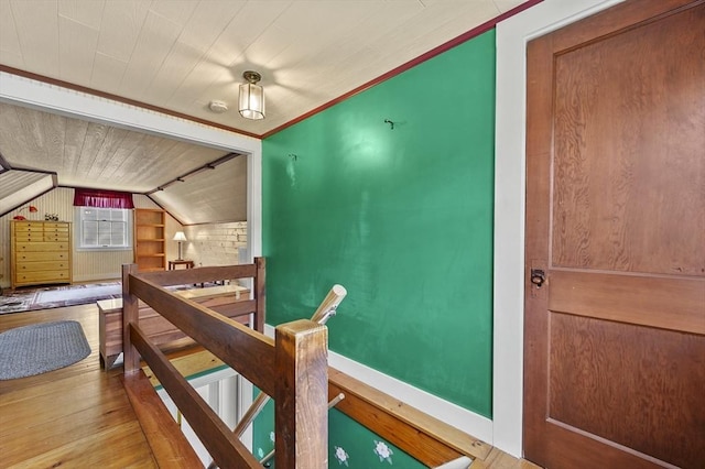 18 Stover Ct, Amesbury, MA 01913 - corridor with an upstairs landing, vaulted ceiling, hardwood / wood-style flooring, and ornamental molding